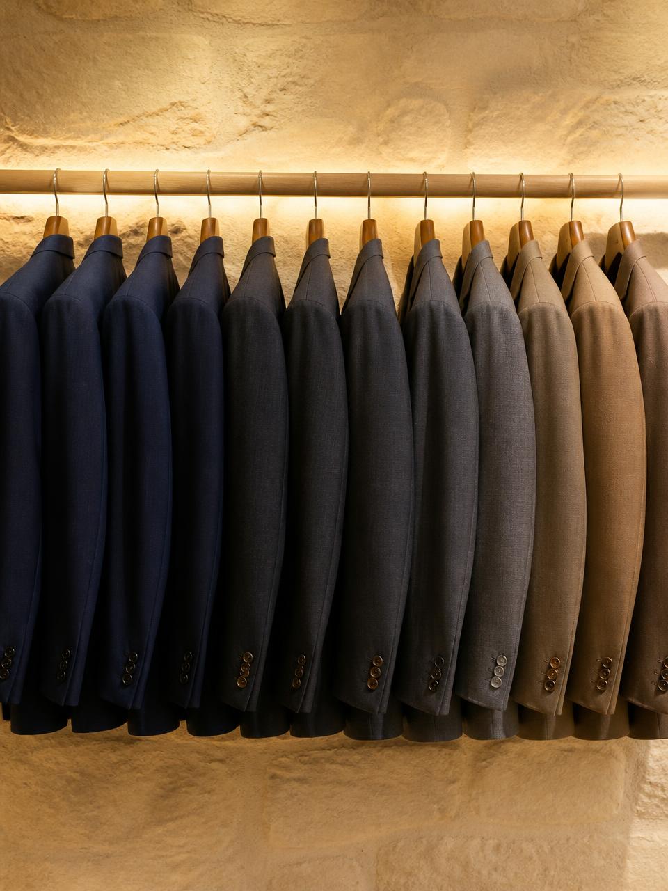 A rail of finished suit jackets in navy, charcoal and tan