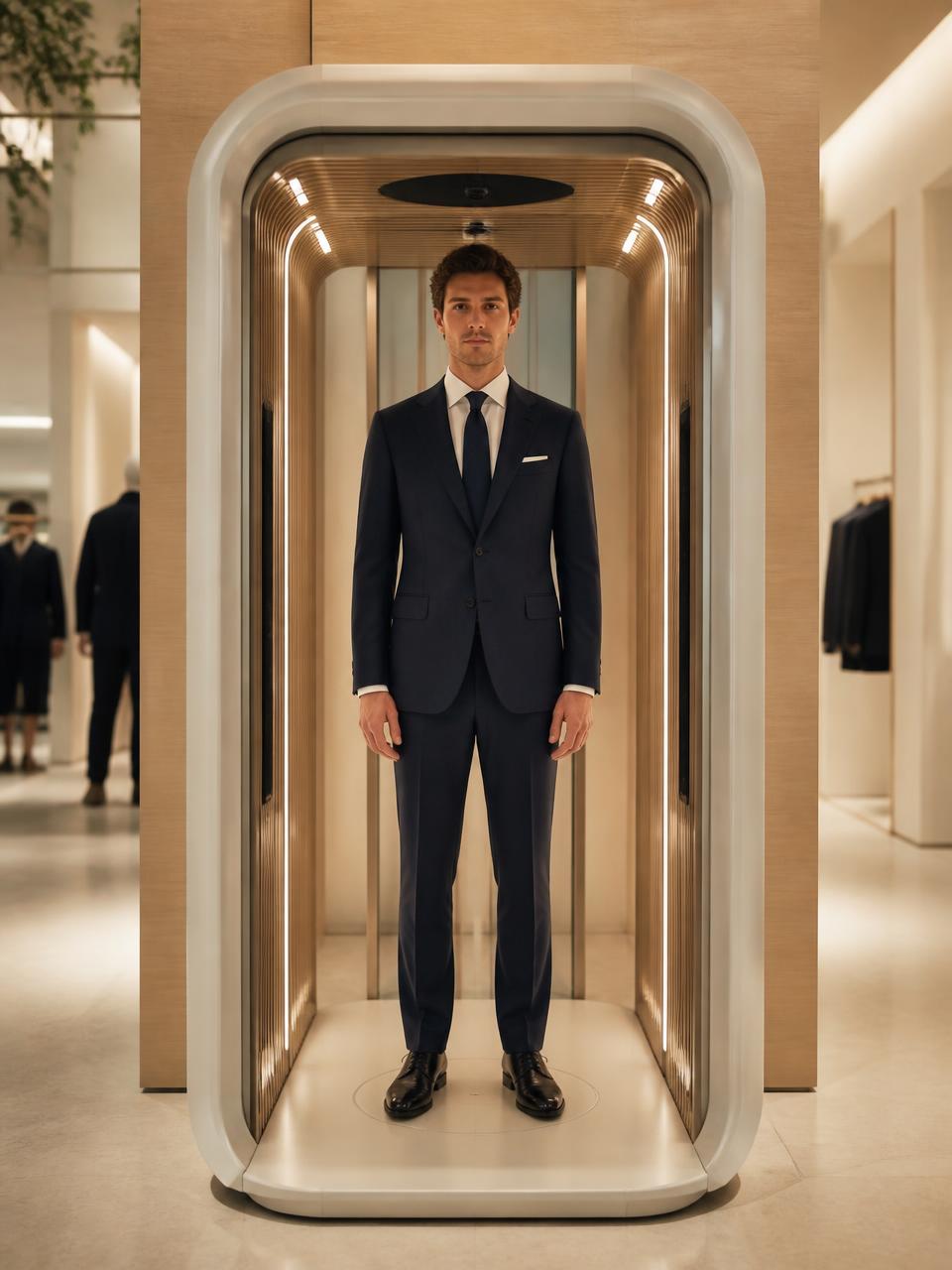 A man in a navy suit standing in the BYS body scan booth