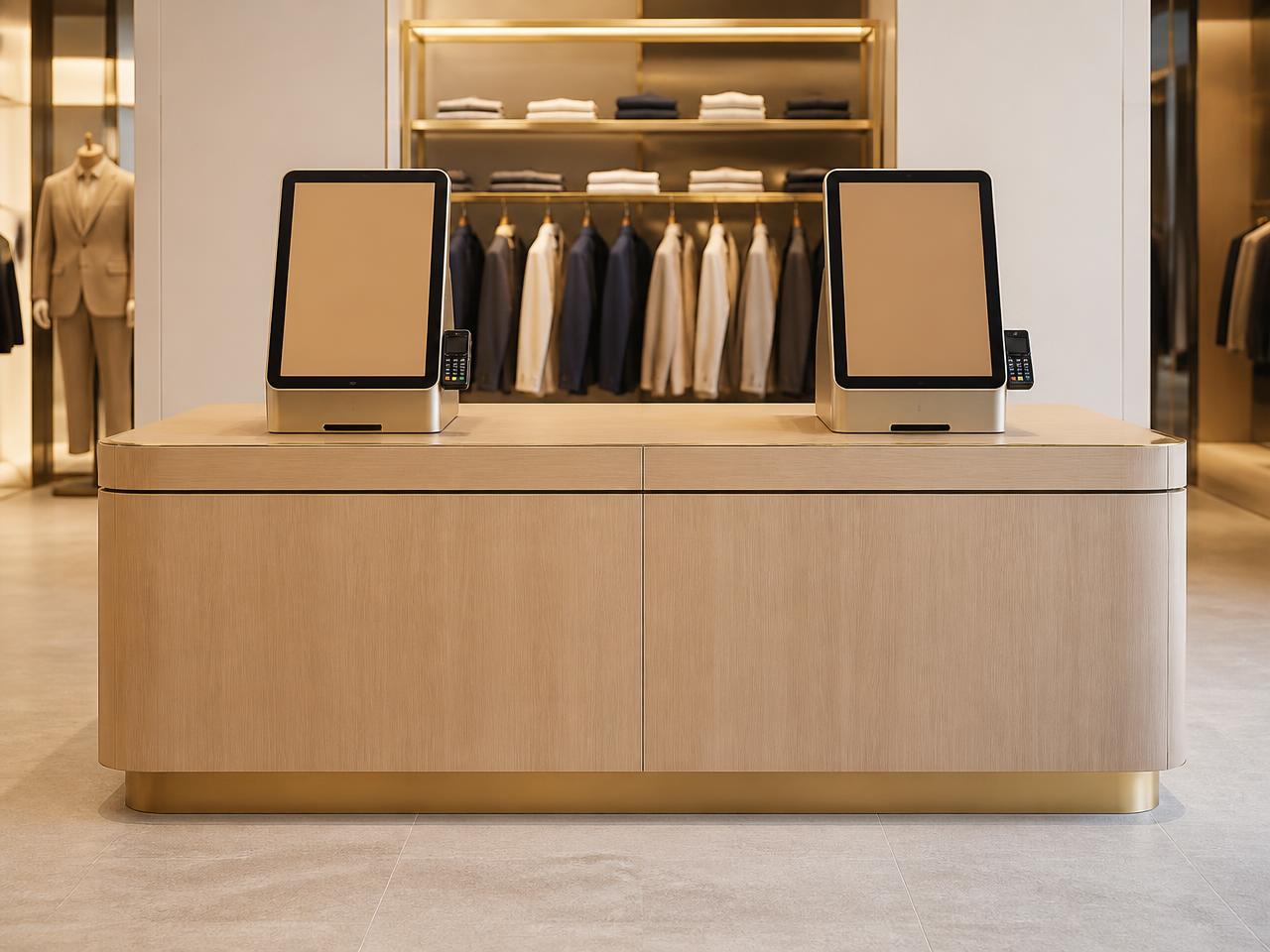 Two self-serve BYS terminals on a timber counter