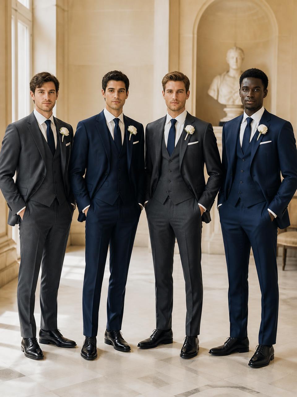 A groom and three groomsmen in matched tailored suits